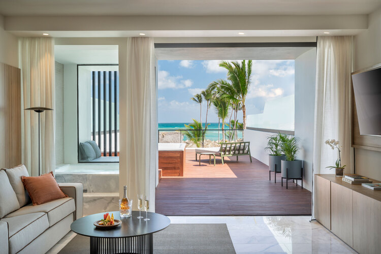 Finest Punta Cana honeymoon suite interior design with amazing view of the ocean